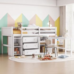 Twin Size Low Loft Bed With Pull-Out Desk, Drawers, Cabinet, and Shelves for White Color