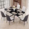 1 table and 6 chairs set.A rectangular dining table with a imitation marble black table top and black metal legs.Paired with 6 chairs with PU leather