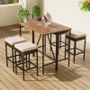 GO 5-Piece Outdoor Acacia Wood Bar Height Table And Four Stools With Cushions, Garden PE Rattan Wicker Dining Table, Foldable Tabletop, High-Dining Bi