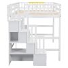 Full Size Loft Bed with Built-in Desk, Bookshelves and Storage Staircase,White