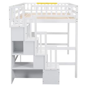 Full Size Loft Bed with Built-in Desk, Bookshelves and Storage Staircase,White