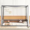 Twin Size Canopy Frame Floor Bed with Fence, Guardrails,Grey