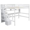 Full Size Loft Bed with Built-in Desk, Bookshelves and Storage Staircase,White