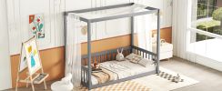 Twin Size Canopy Frame Floor Bed with Fence, Guardrails,Grey