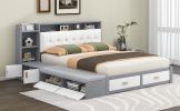 Queen Size Low Profile Platform Bed Frame with Upholstery Headboard and Storage Shelves and Drawers,USB Charging Design,Gray