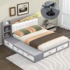 Queen Size Low Profile Platform Bed Frame with Upholstery Headboard and Storage Shelves and Drawers,USB Charging Design,Gray