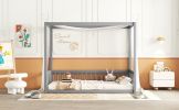 Twin Size Canopy Frame Floor Bed with Fence, Guardrails,Grey