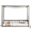 Twin Size Canopy Frame Floor Bed with Fence, Guardrails,Grey