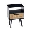 15.75" Rattan End table with drawer and solid wood legs; Modern nightstand; side table for living roon; bedroom; black