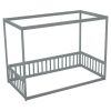 Twin Size Canopy Frame Floor Bed with Fence, Guardrails,Grey