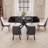 1 table and 6 chairs set.A rectangular dining table with a imitation marble black table top and black metal legs.Paired with 6 chairs with PU leather