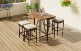 GO 5-Piece Outdoor Acacia Wood Bar Height Table And Four Stools With Cushions, Garden PE Rattan Wicker Dining Table, Foldable Tabletop, High-Dining Bi