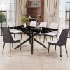 1 table and 6 chairs set.A rectangular dining table with a imitation marble black table top and black metal legs.Paired with 6 chairs with PU leather